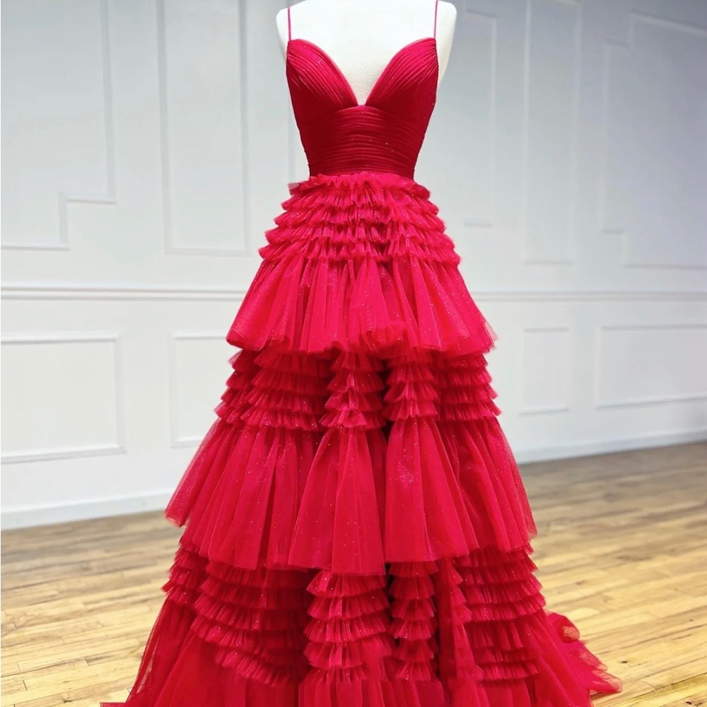 Apricot A-Line Deep V Neck Tiered Long Prom Dress